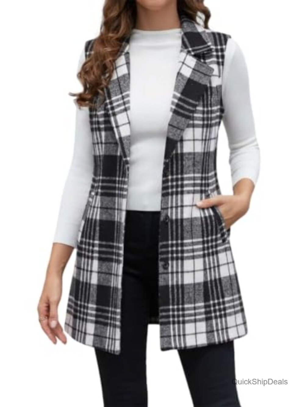 Plaid Vest Sleeveless Notch Lapel Blazer Jacket with Pockets